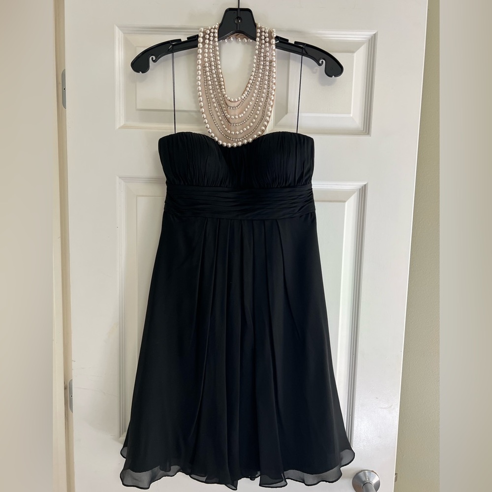 Aidan Mattox black mini dress with attached pearl necklace